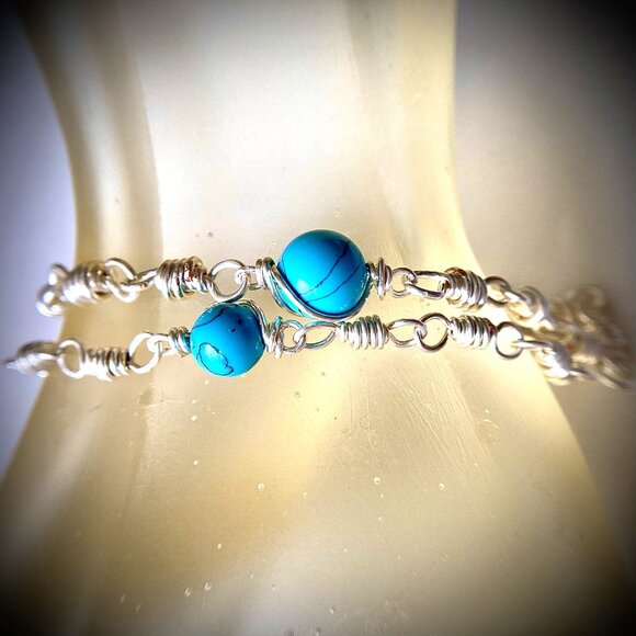 Silver Tone Long-Distance Relationship Bracelets, Turquoise gemstone set of two - Picture 2 of 16